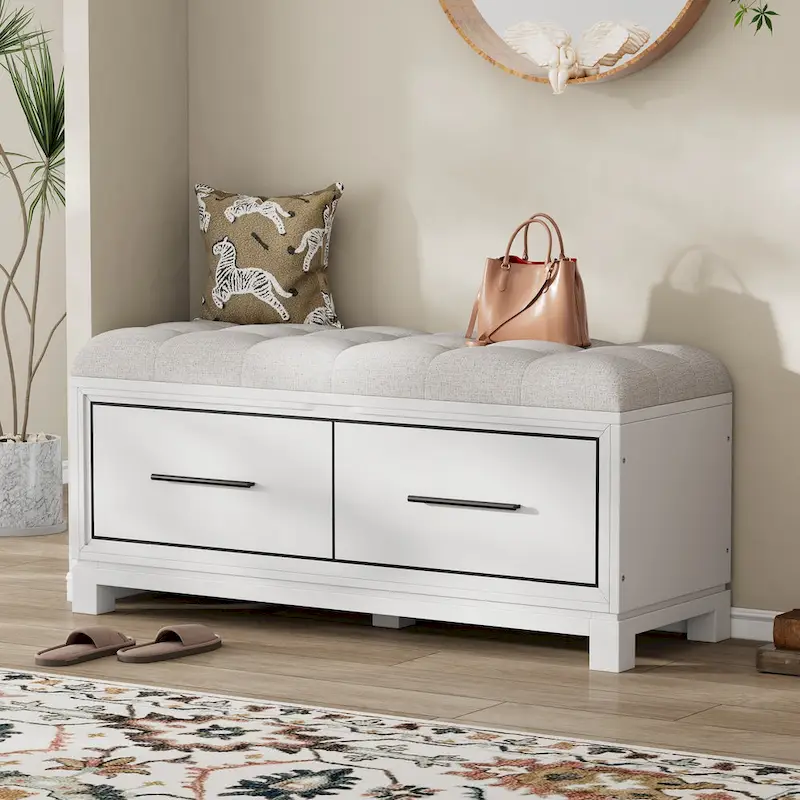 43  Shoe Bench with Removable Cushion & Lift Top Storage, Entryway Bench Wooden End of Bed Bench, Hidden Storage Space