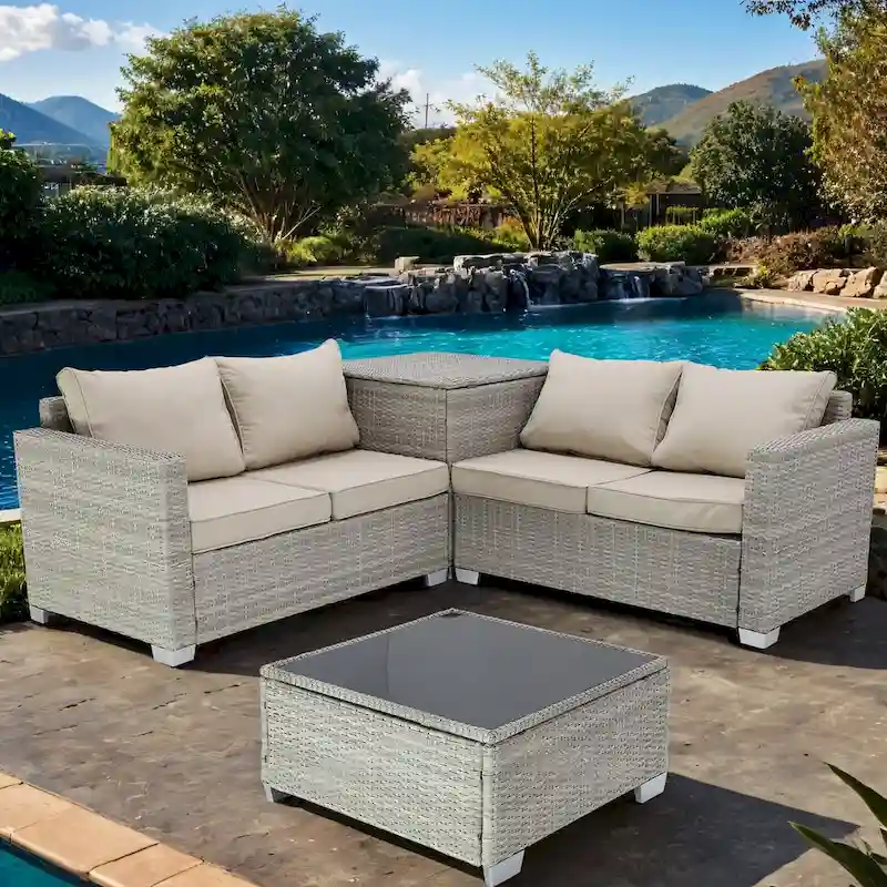 4-Pieces Gray Wicker Outdoor Sectional Set with Cushions and Storage Box