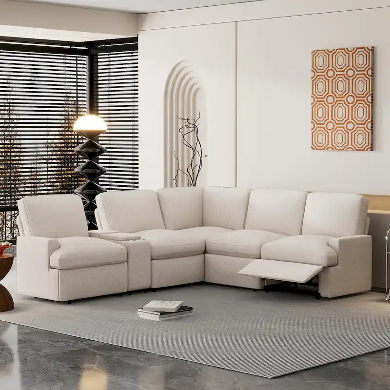 Beige / Dark Grey / Grey L-Shaped Recliner Sectional Sofa, 2-Seat