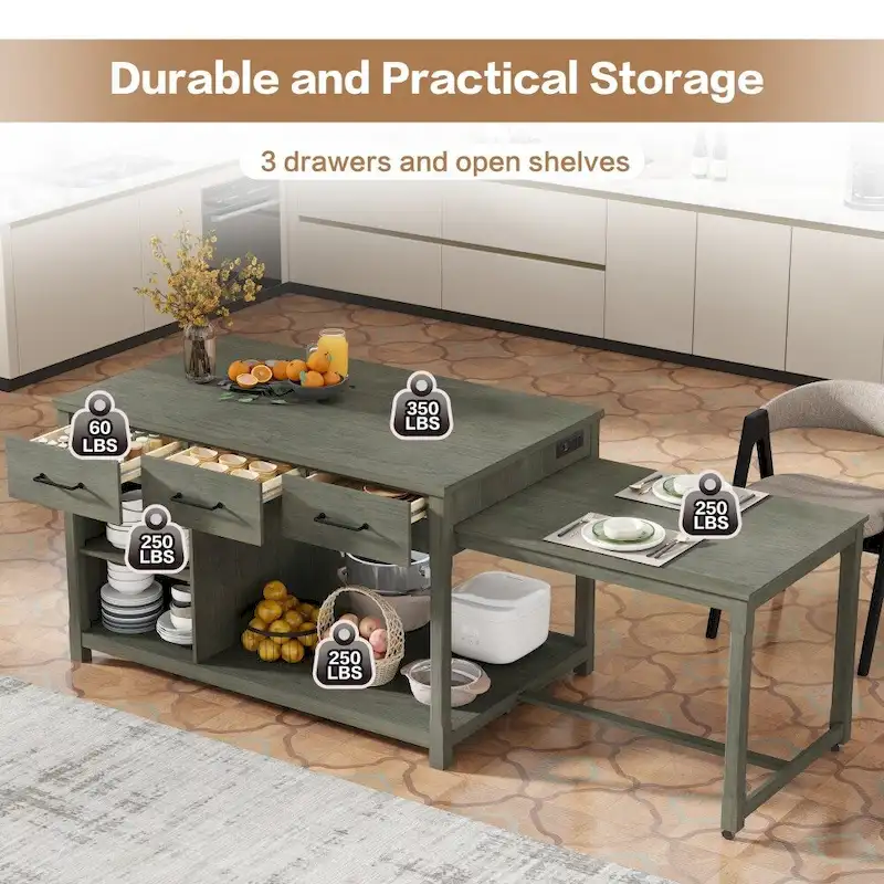 Extendable Kitchen Island with Power Outlets - Distressed Wood
