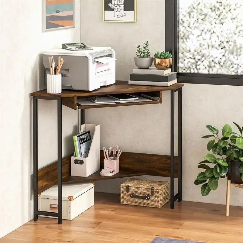 Triangle Corner Desk with Power Outlets - Rustic Brown
