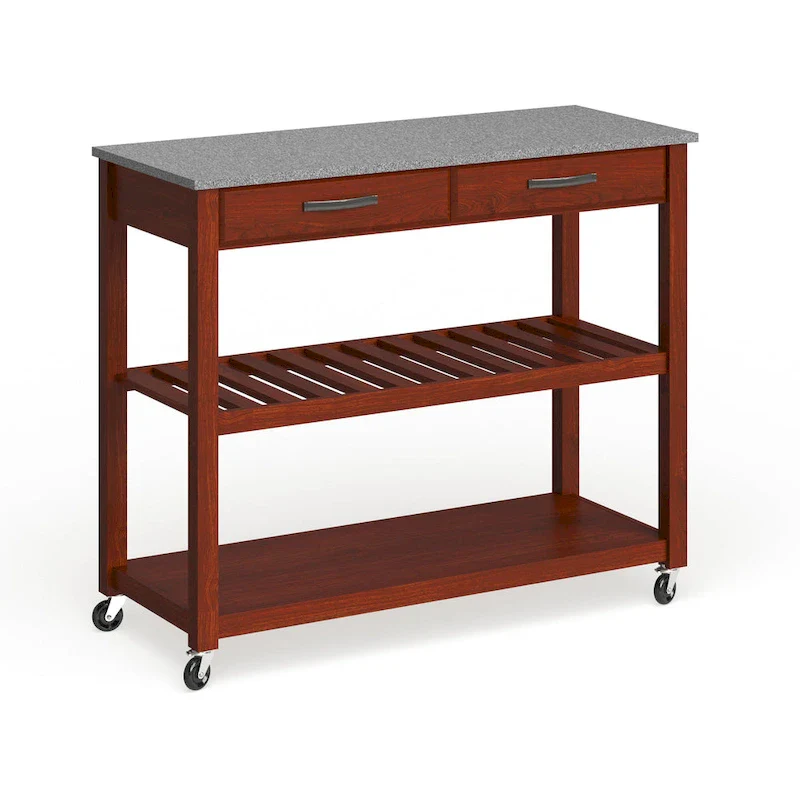 Cherry Wood Kitchen Cart with Granite Countertop, 2 Drawers, Slatted Shelf & Casters – Traditional Style