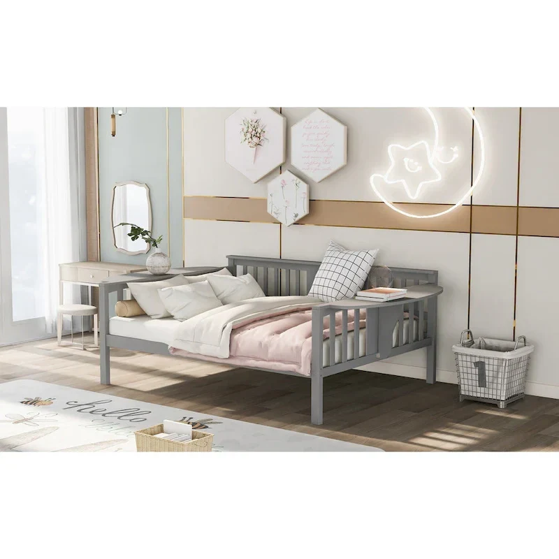 Daybed Frame, 3-Rail Design, 8 Slats, Solid Pine Legs, Plywood & MDF, Espresso / White / Gray, Twin / Full, 1-Person Use