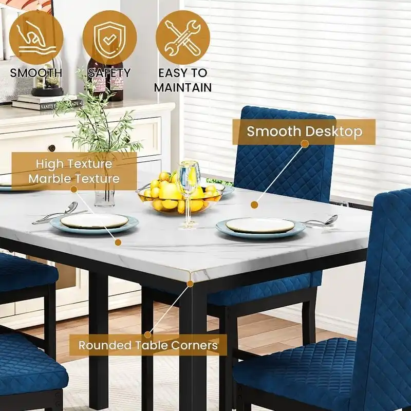 Grondin 5-Piece Dining Room Table Set with Faux Marble Table Top and Diamond Stitching Velvet Upholstery Dining Chairs