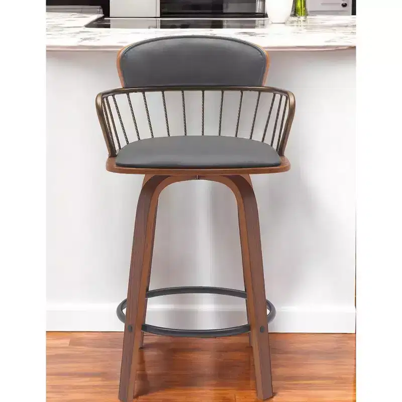HomeRoots 26 Gray And Wood Brown Faux Leather Swivel Low Back Counter Height Bar Chair