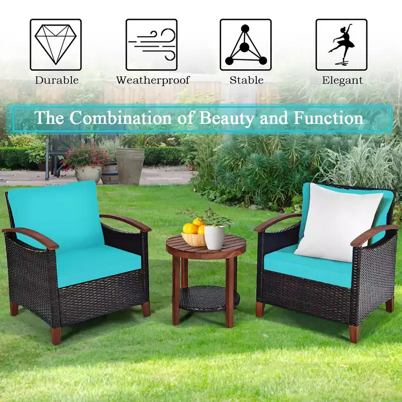 Costway 3PCS Patio Rattan Furniture Set Wooden Frame Cushion Table Shelf Red\Beige\Blue