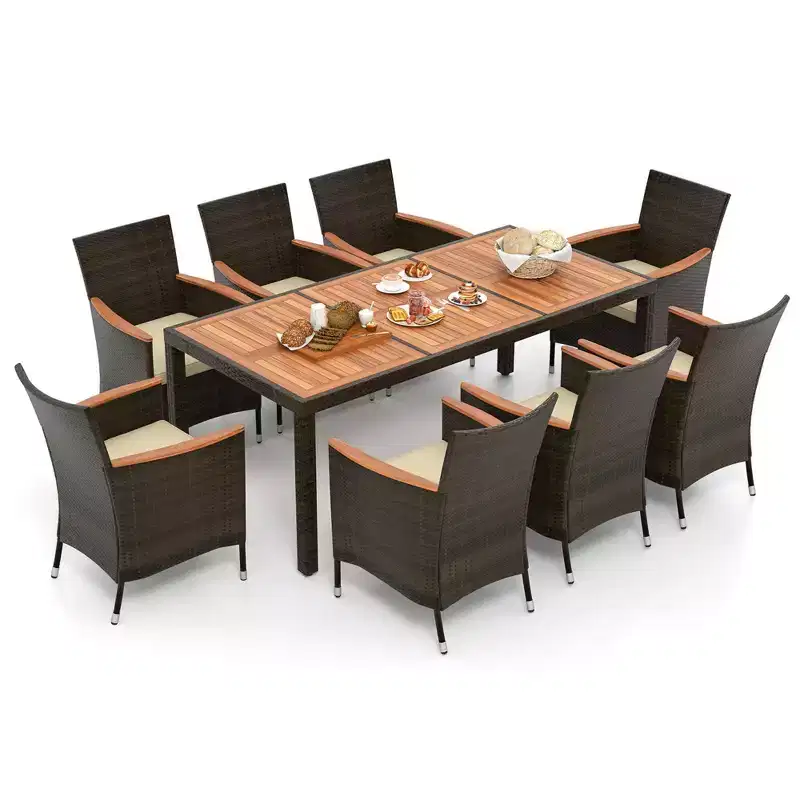 Costway 9PCS Patio Rattan Dining Set Armrest Cushioned Chair with Acacia Wood Table, 1.96 Umbrella Hole
