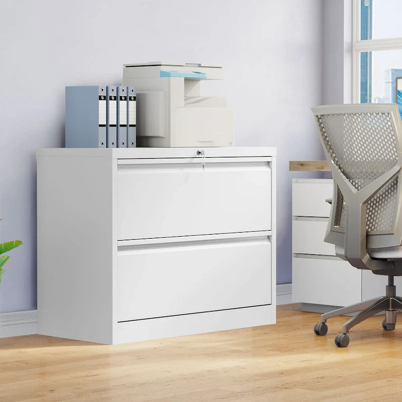 Black / White 2-Drawer Metal Lateral File Cabinet with Lock, Single-User