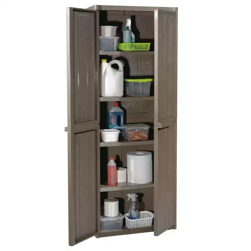 Outdoor Garden Storage Cabinet with 4 Adjustable Shelves, PP Wood-Look Finish, Black