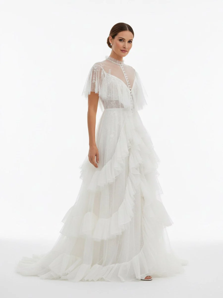 High Split A-Line See-through Short Sleeves Ruffle Tulle Wedding Dresses