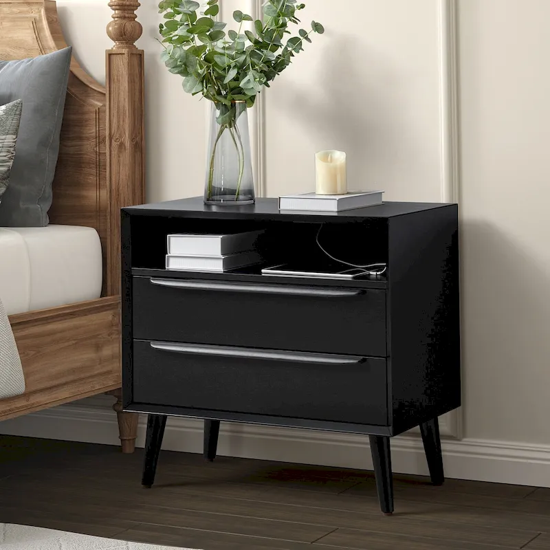 Mid-century Modern 2 - Drawer Nightstand with Built-In Outlets and USB