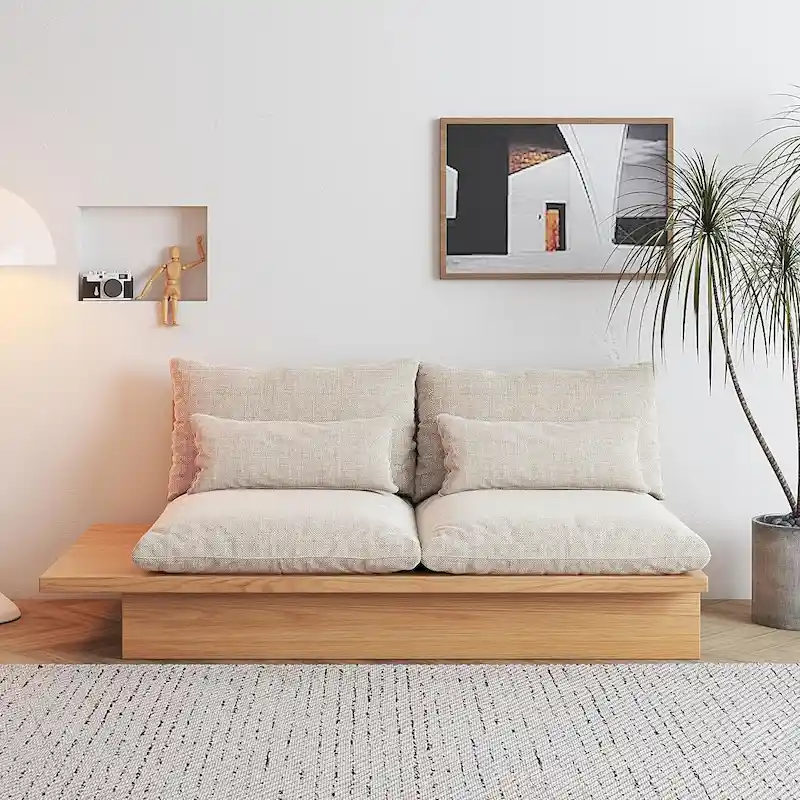 JASIWAY Cotton Line Beige Sofa With Wood Frame