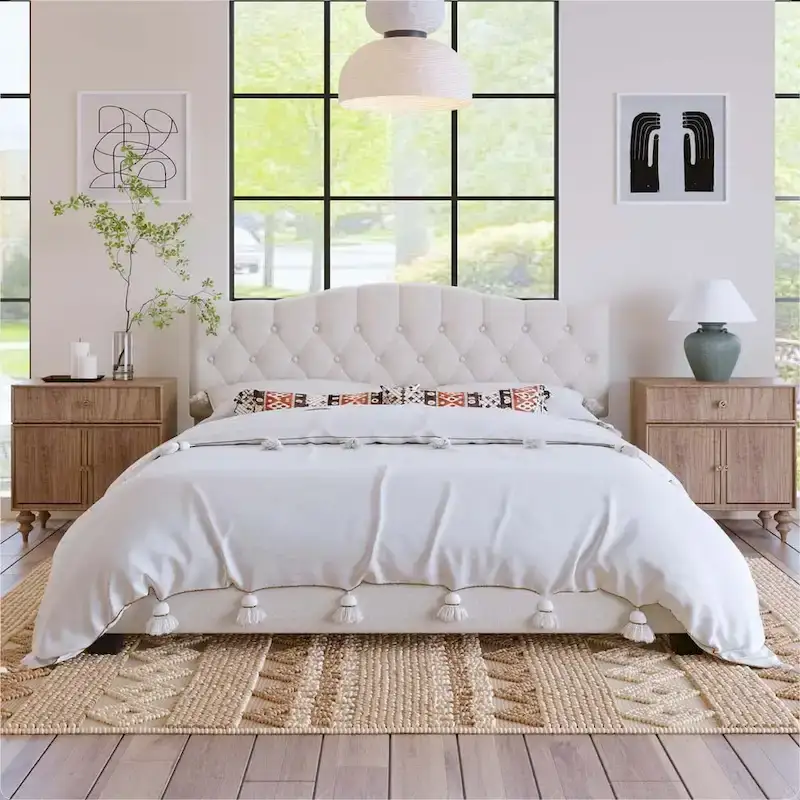 Beige King Upholstered Platform Bed, Saddle Headboard, Diamond Tufted, For 2