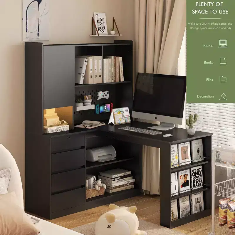 Okak 46IN Space-Saving L Shaped Desk with Bookshelf, Computer Desk with Drawers, Corner Desk for Reading Room, Bedroom, Office