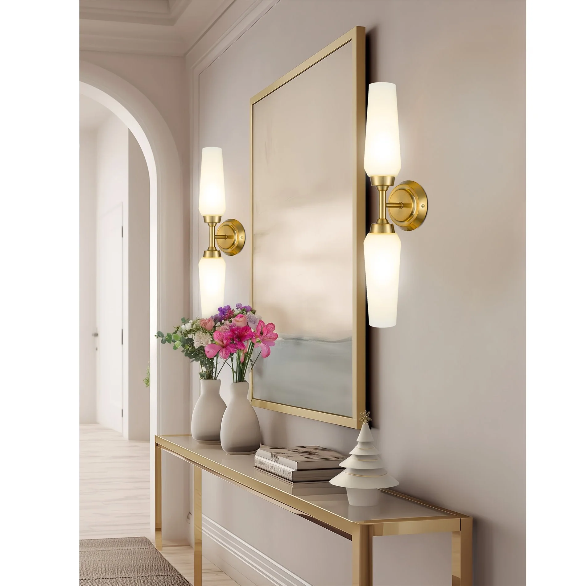 Kira Home Aurora 21 Modern Wall Sconce with Frosted Glass Shades, for Bathroom/Vanity, Cool Brass Finish