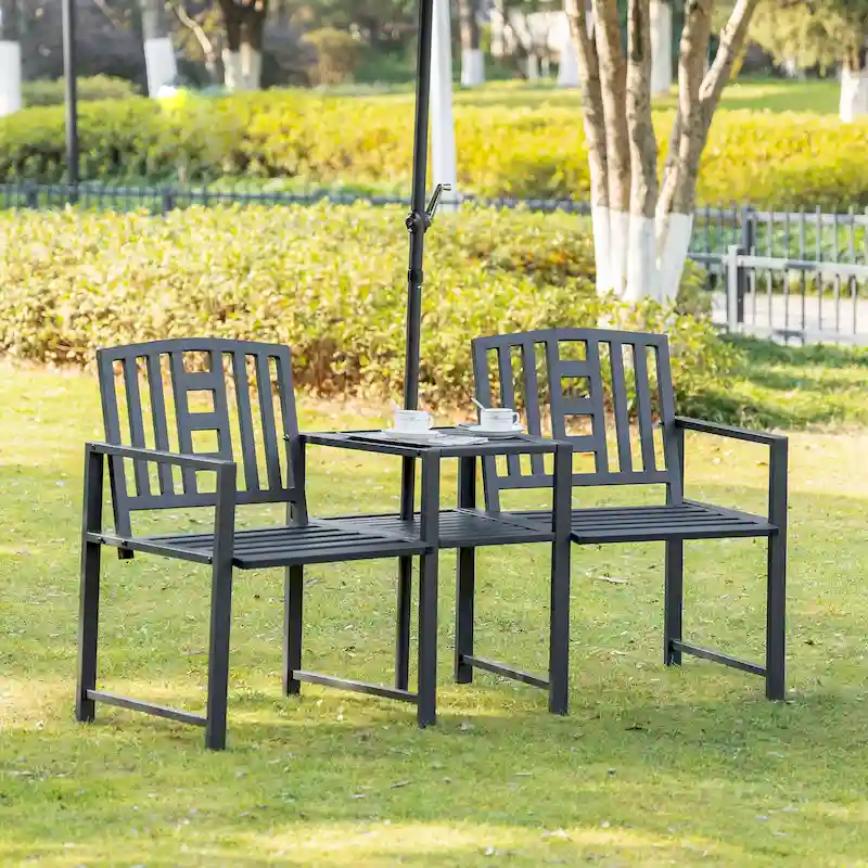 Outsunny Outdoor Double Tete-a-Tete Patio Lounge Chair with Center Coffee Table, Metal Frame and Umbrella Hole, Black