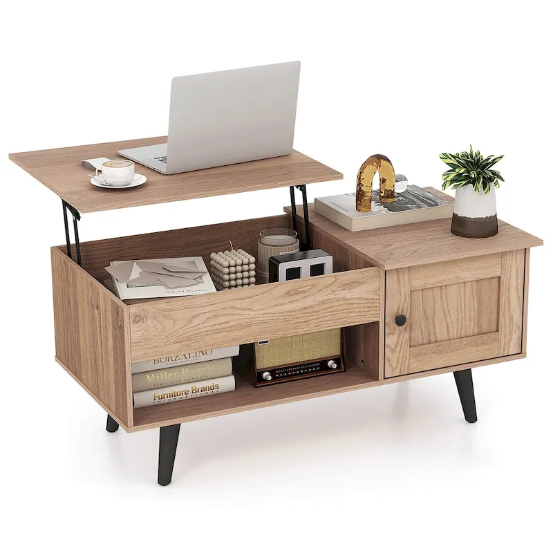Natural / Brown Lift Top Coffee Table with Hidden Compartment & Cabinet — 1 Person
