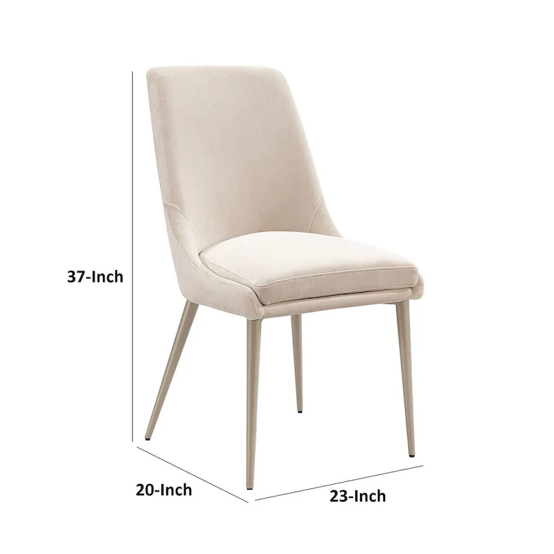 20 Inch Set of 2 Dining Chairs, Cream Velvet, Gold Tapered Metal Legs