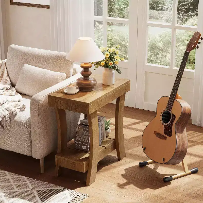 Lantine Narrow Side Table with Storage Shelf, 2-Tier Rectangular End Table with Wood Legs, Small Night Stand for Bedroom, Living Room, Small Spaces