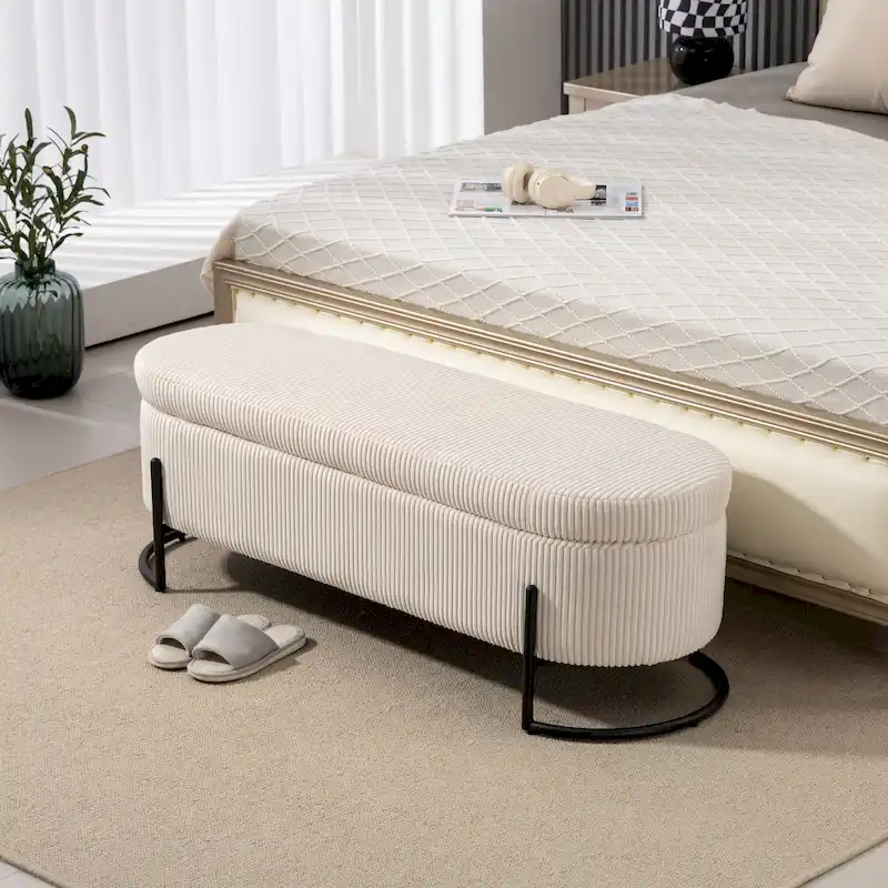 Corduroy Upholstered Storage Ottoman Bench with Safety Hinge and Metal Legs