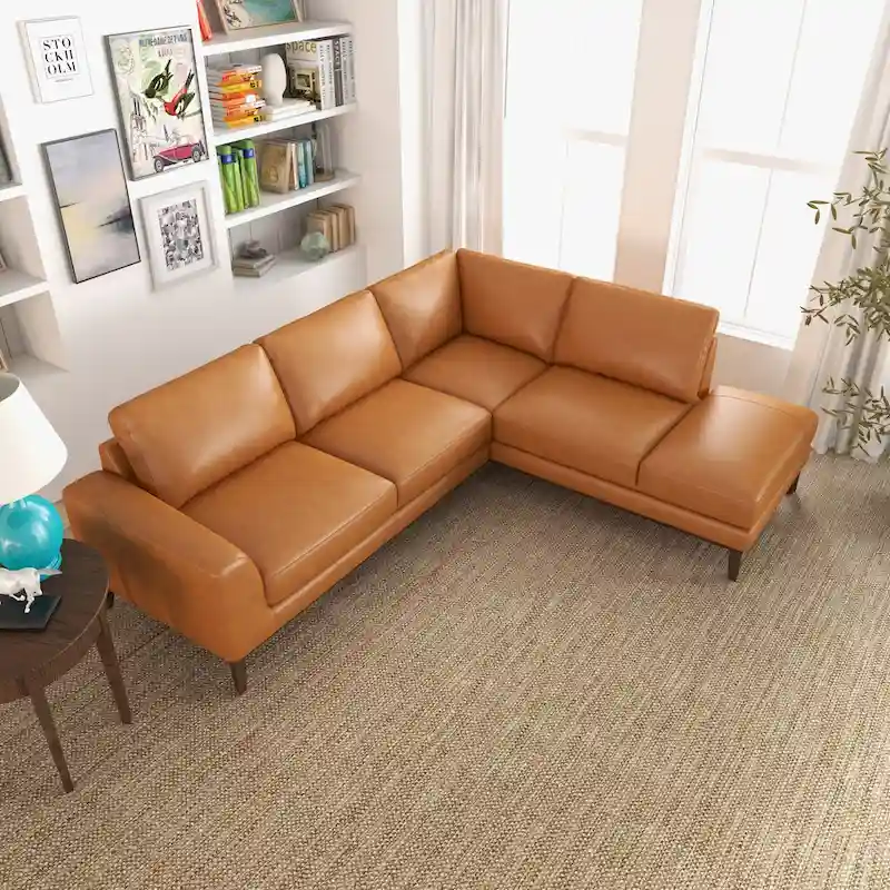 Miami Mid Century Living Room Top Leather Corner Sectional Sofa in Tan