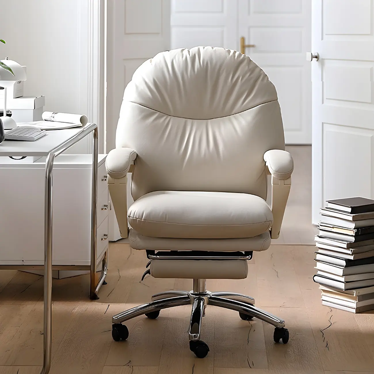 Elegant White Leather Casters Home Office Chair