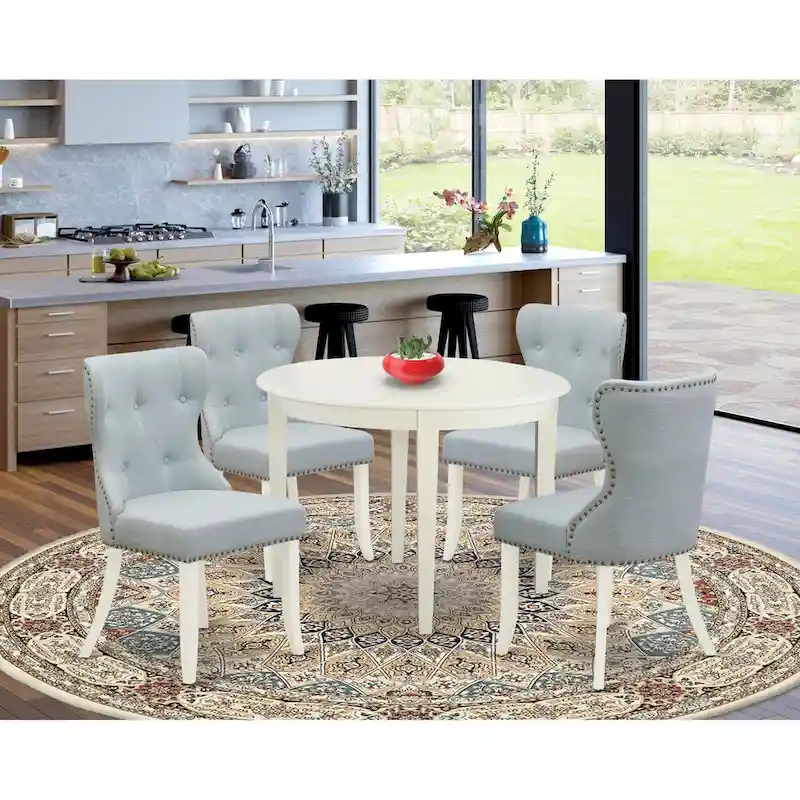 East West Furniture Dining Table Set- a Kitchen Table and Baby Blue Linen Fabric Parson Chairs, Linen White(Pieces Options)