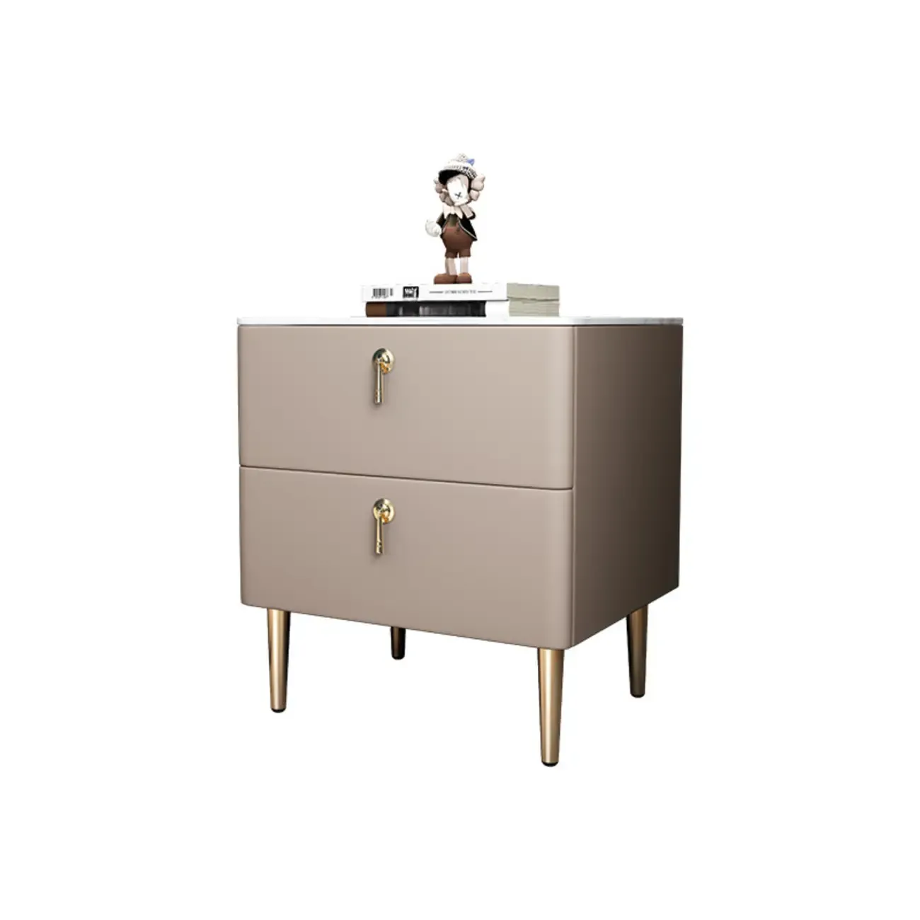 Modern Stone Top Gold Accents Leather 2 Drawer Nightstand
