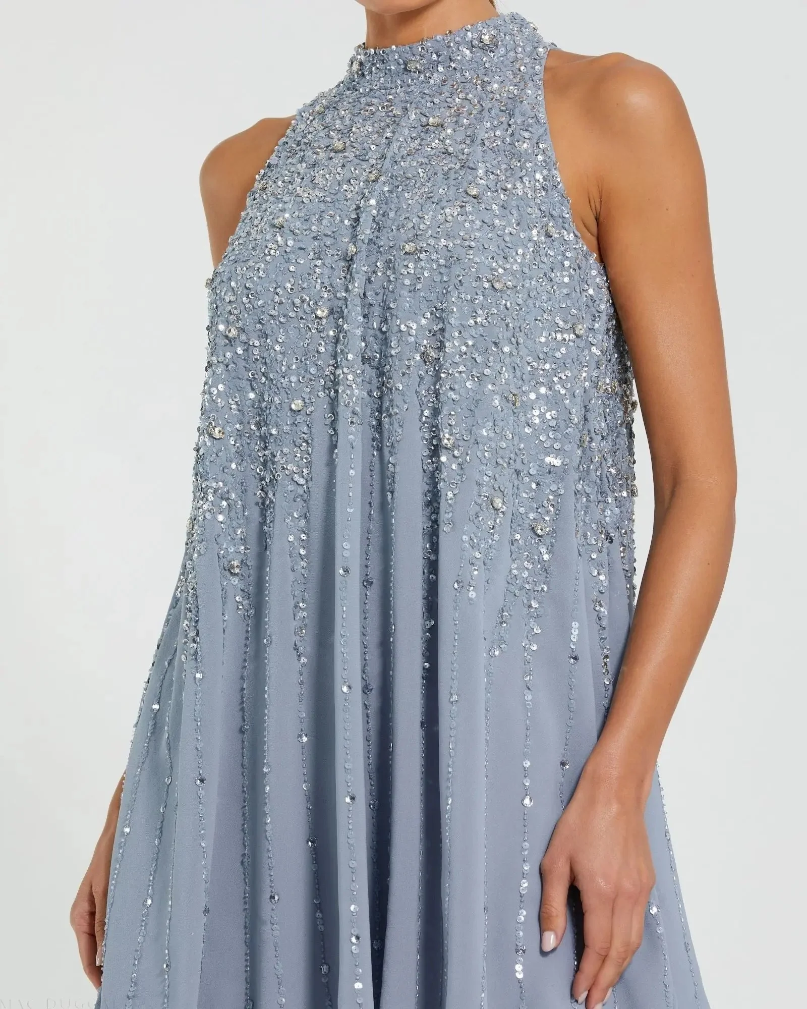 Blue High Neck Sleeveless Sequin Embellished Trapeze Dress