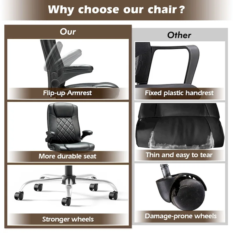 Executive PU Leather Swivel Office Chair with Flip-Up Arms Ergonomic