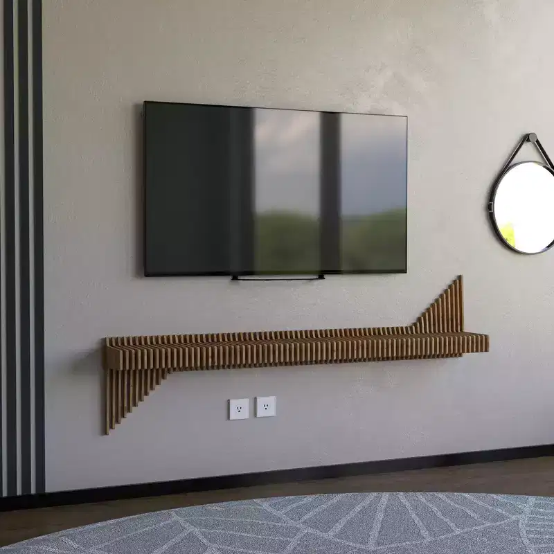 Wear Sierra BATAMEX Parametric 65 inch Floating Shelf TV Unit Modern Geometric Wooden Wall Piece Decor Natural Oak Color 3D Wavy Living Room Shelf