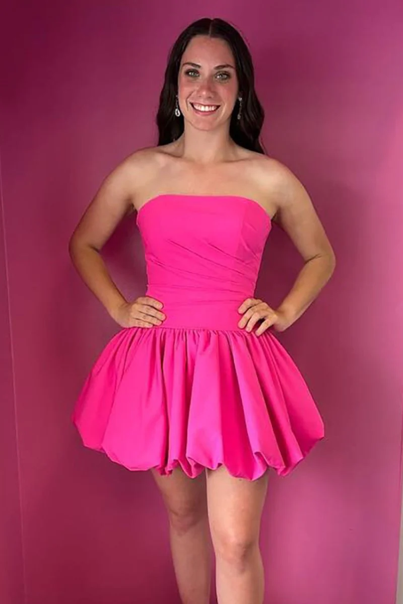 Fuchsia - Strapless A-Line Satin Pleated Short Homecoming Dresses