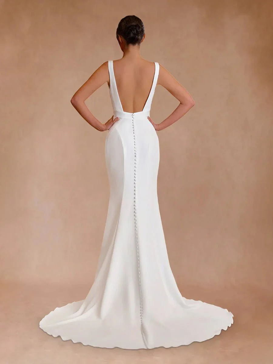 Ivory Plunge V Open Back Mermaid Long Wedding Dress