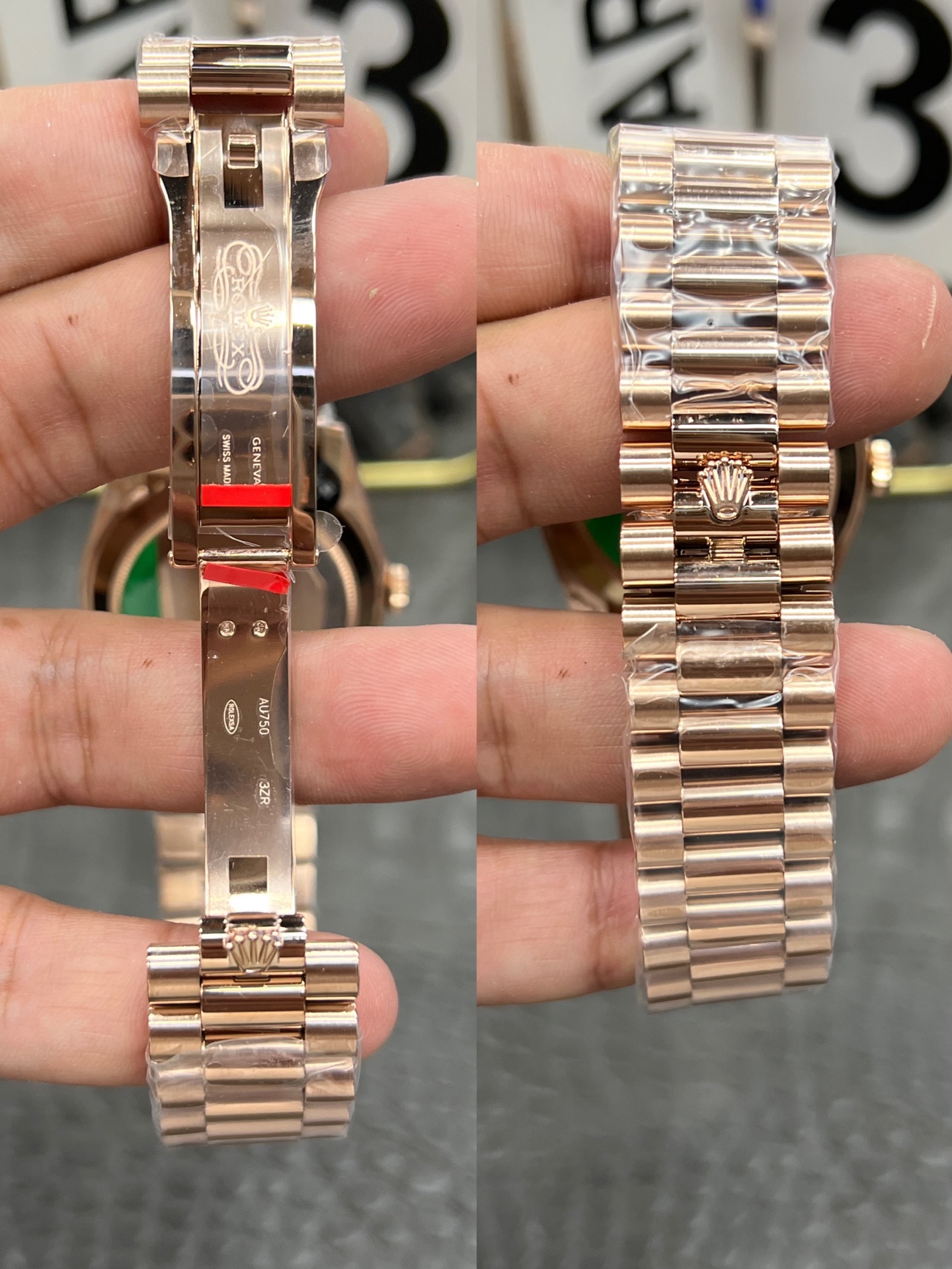 Detail des President Armbands der Rolex Day-Date Replik mit Gravuren und Sicherheitsverschluss