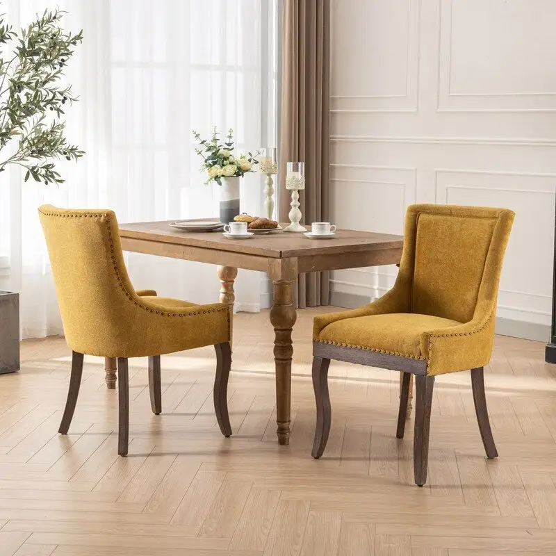Fabric Dining Chairs with Wood Legs and Nail Head Trim, Set of 2