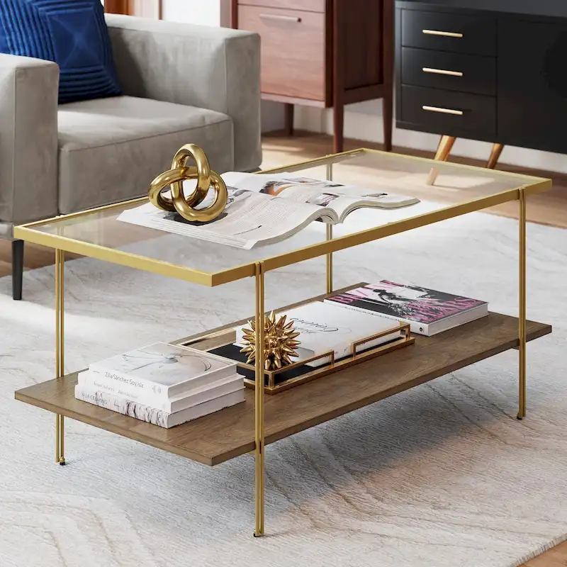 Gold & Oak / Warm Walnut & Black Mid-Century 2-Tier Glass Top Coffee Table - Single Use