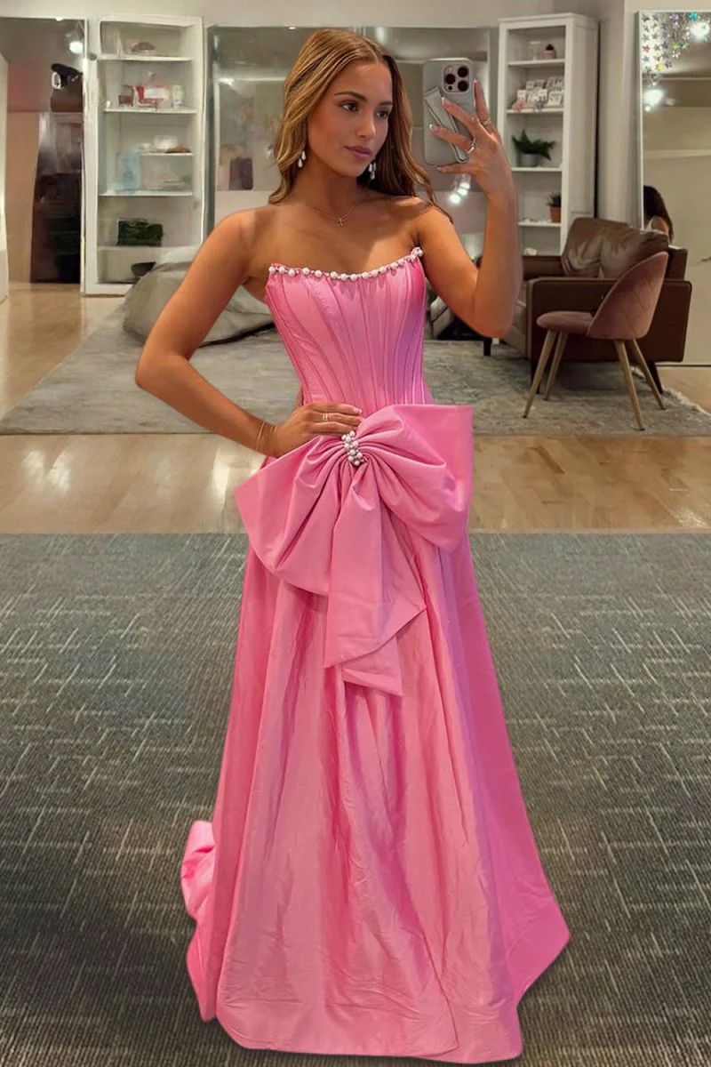 Pink - Strapless A Line Satin Pearl Long Formal Prom Dresses With Bow
