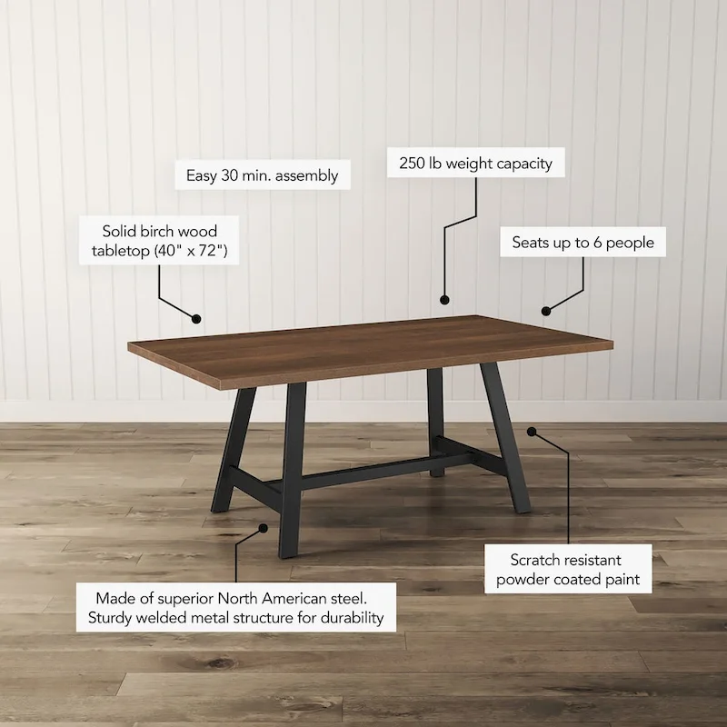 Solid Wood Dining Table with Metal Trestle Base