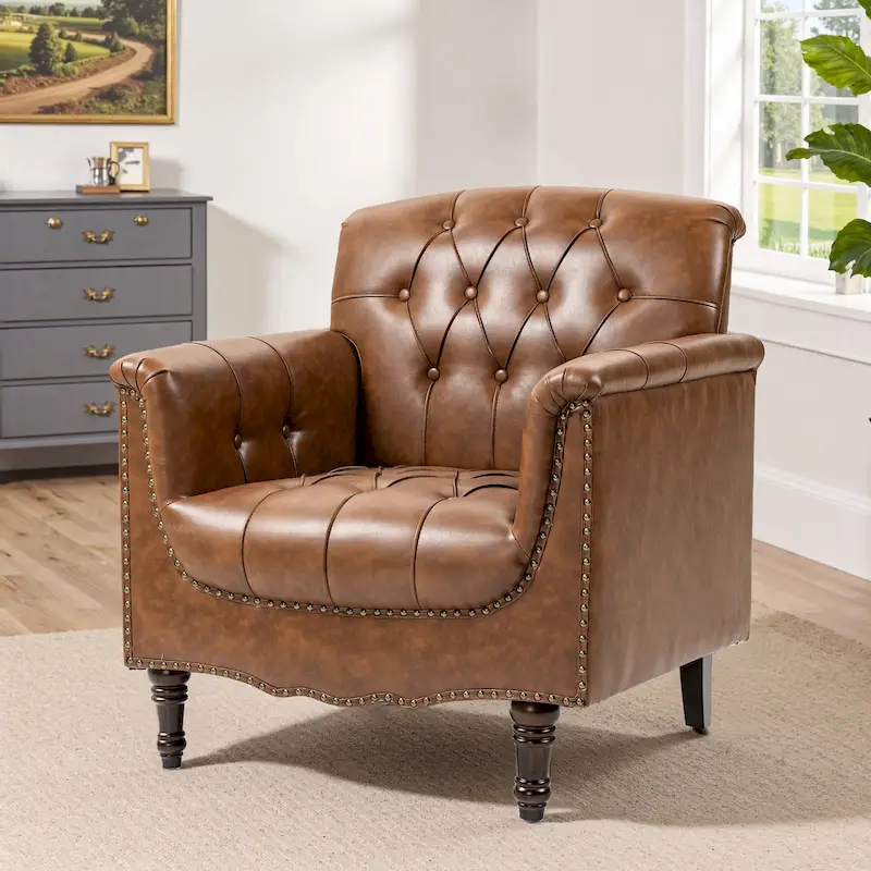 Brown / Black / Camel / Dark Red / Black Blue / Beige Tufted Accent Chair, Faux Leather, 1-Seater
