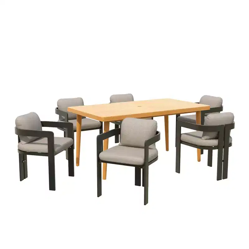 Christopher Knight Home Pula 7 Piece Outdoor Acacia Wood and Aluminum Dining Set with Umbrella Hole and Cushions