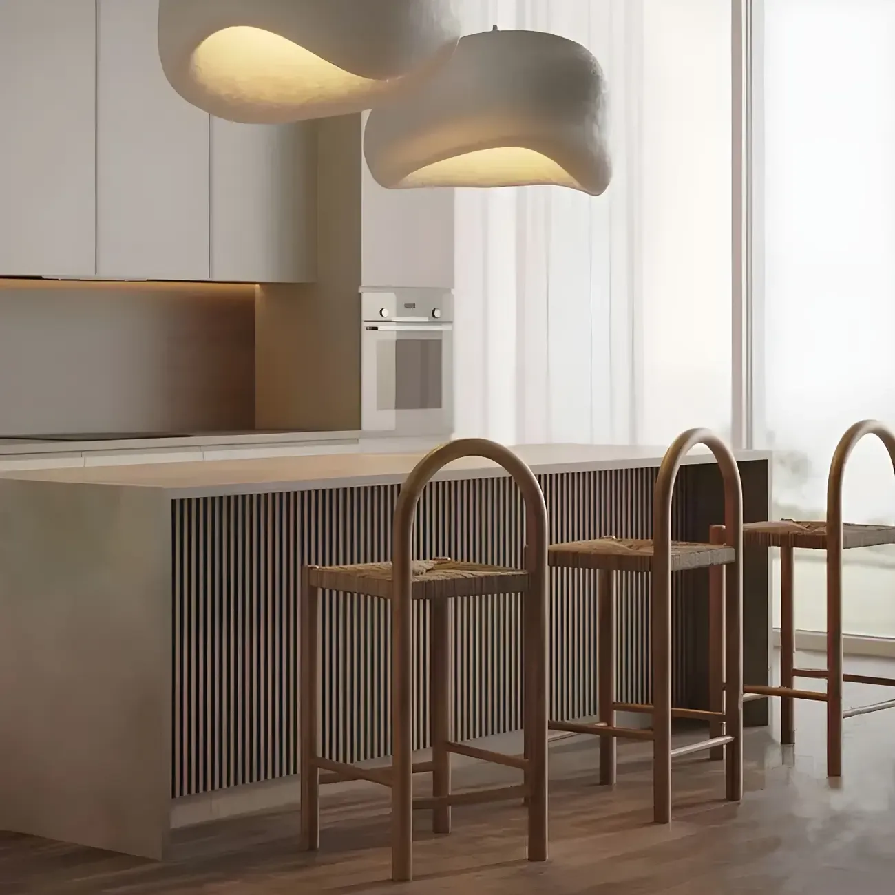 Rustic Wood Natural Rattan Bar Stool with Footrest