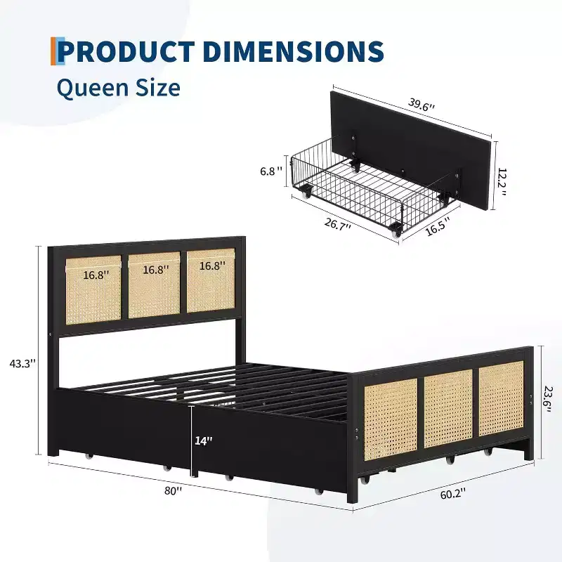 GustoWave Rattan Boho Platform Bed Frame with LED Headboard and 4 Large Drawers, Black, Queen