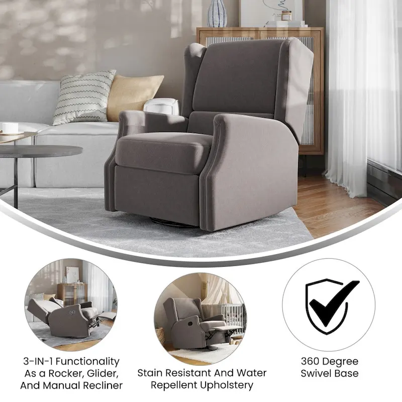 Wingback Manual Rocking Glider Recliner Chair with 360 Swivel