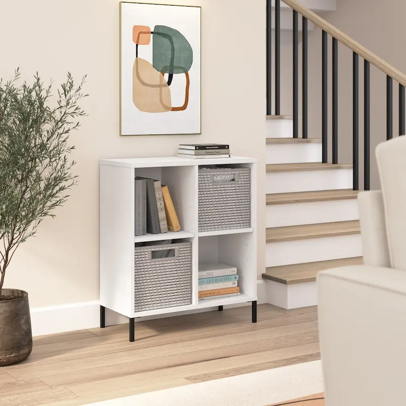 4-Cube Organizer Bookcase with Adjustable Shelves & Steel Feet – Home Office Storage, BIFMA Certified