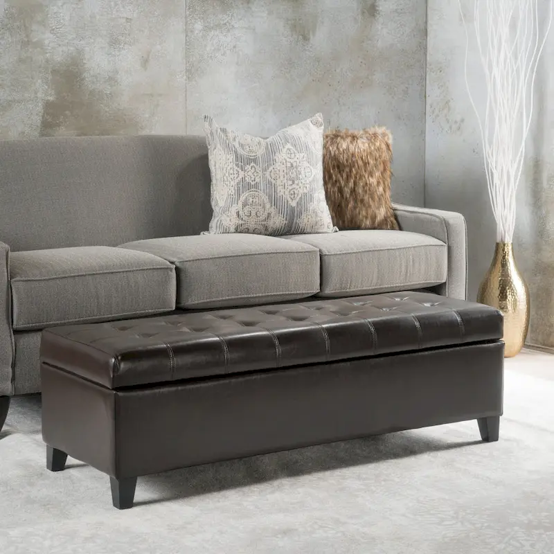 Brown Tufted Faux Leather Ottoman Storage Bench, Medium, Seats 1-2