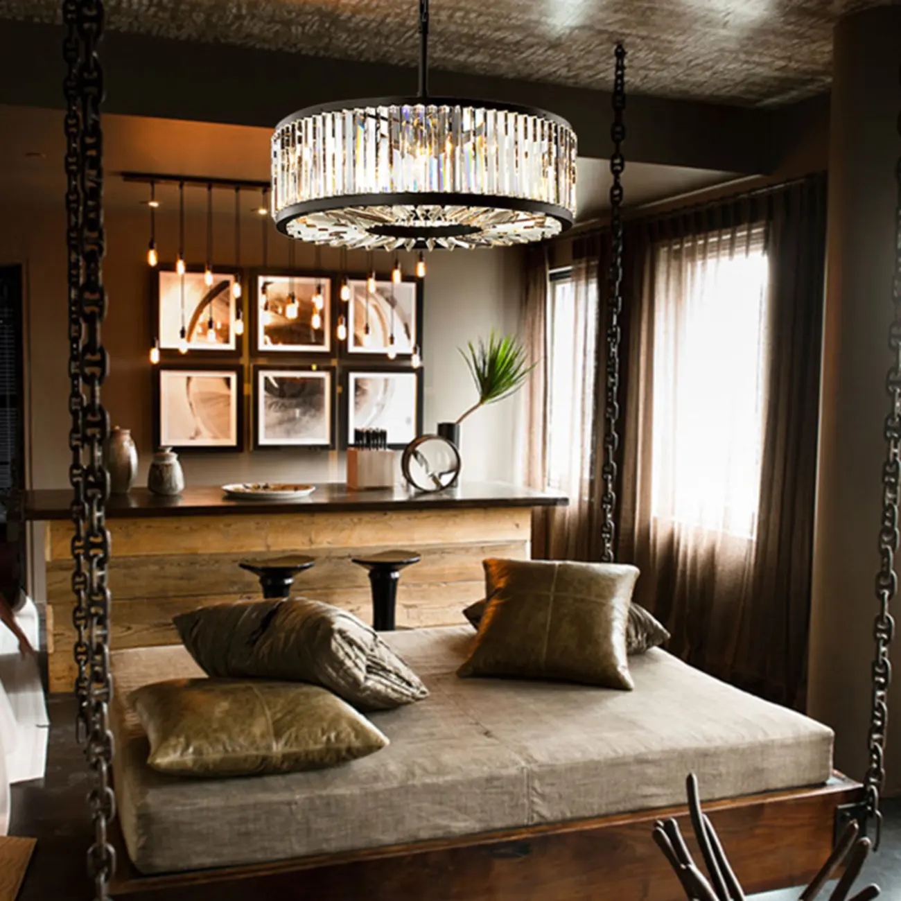 Modern Black Metal Crystal Drum Chandelier