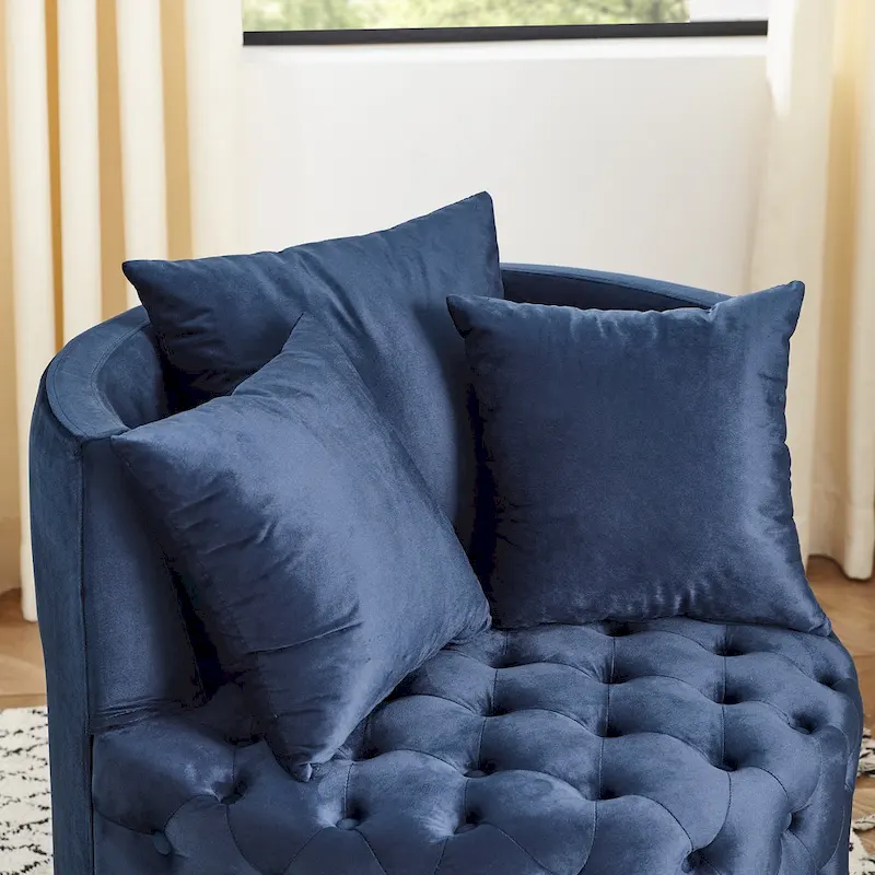 Living Room Velvet Swivel Chair with Button Tufted Design, 3 Pillows & Movable Wheels