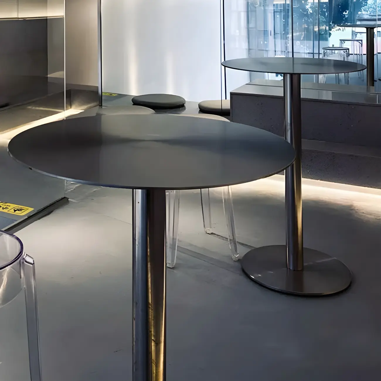 Industrial Silver Metal Pedestal Round Bar Tables