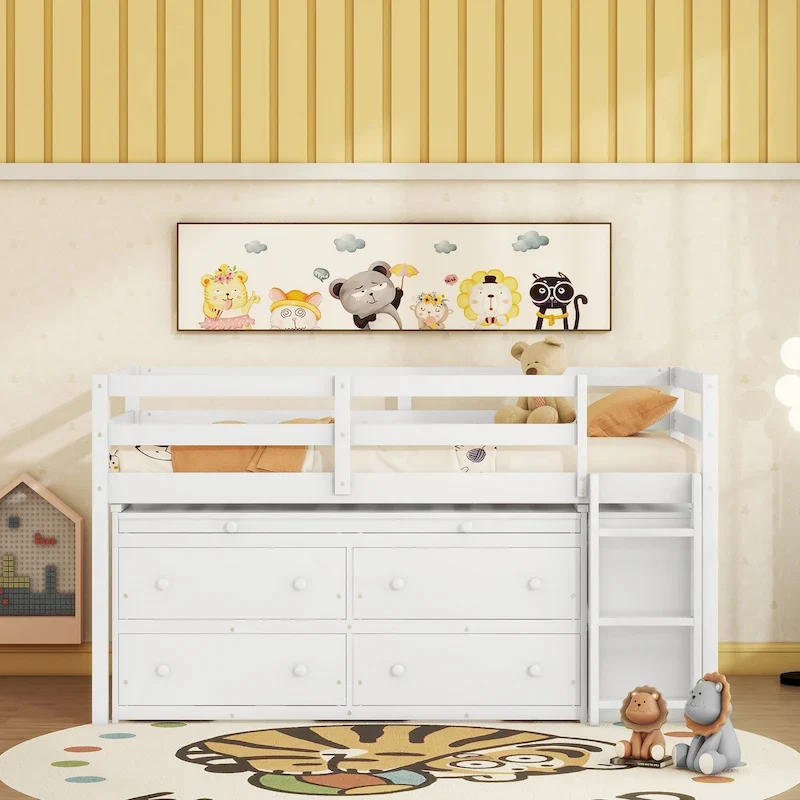 Twin Size Loft Bed w/ Retractable Writing Desk & 4 Drawers, Wooden Loft Bed w/ Lateral Portable Desk and Shelves, White