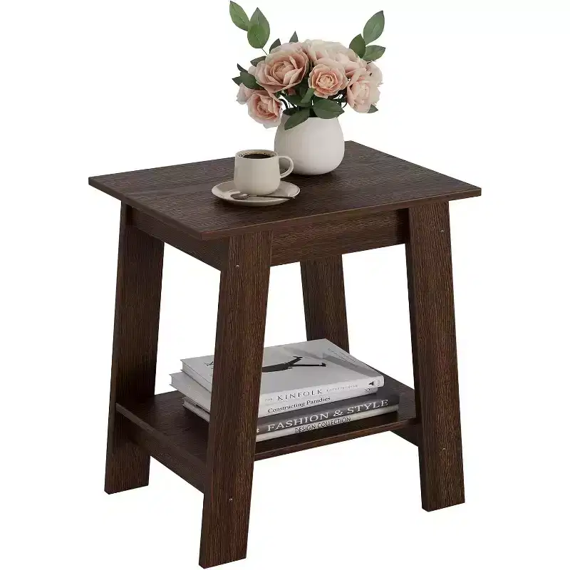 DobleePy Walnut End Table with 2-Tier Storage Shelf, Square Side Table/Nightstand for Small Space, Entryway, Living Room, Easy Assembly